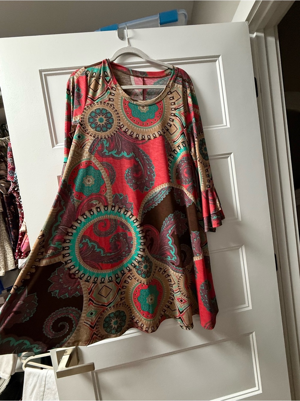 Boho Circle-Print Swing Dress in Red & Teal